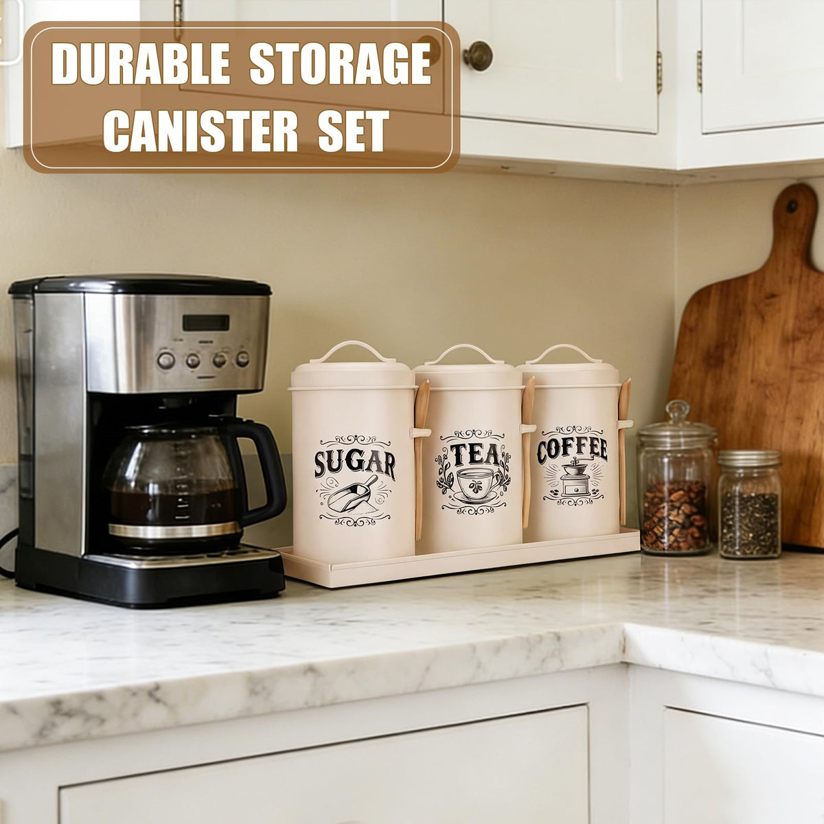 White Coffee, Tea & Sugar Canister Set of 3 with Tray & Wood Scoops – Metal, Airtight, Farmhouse