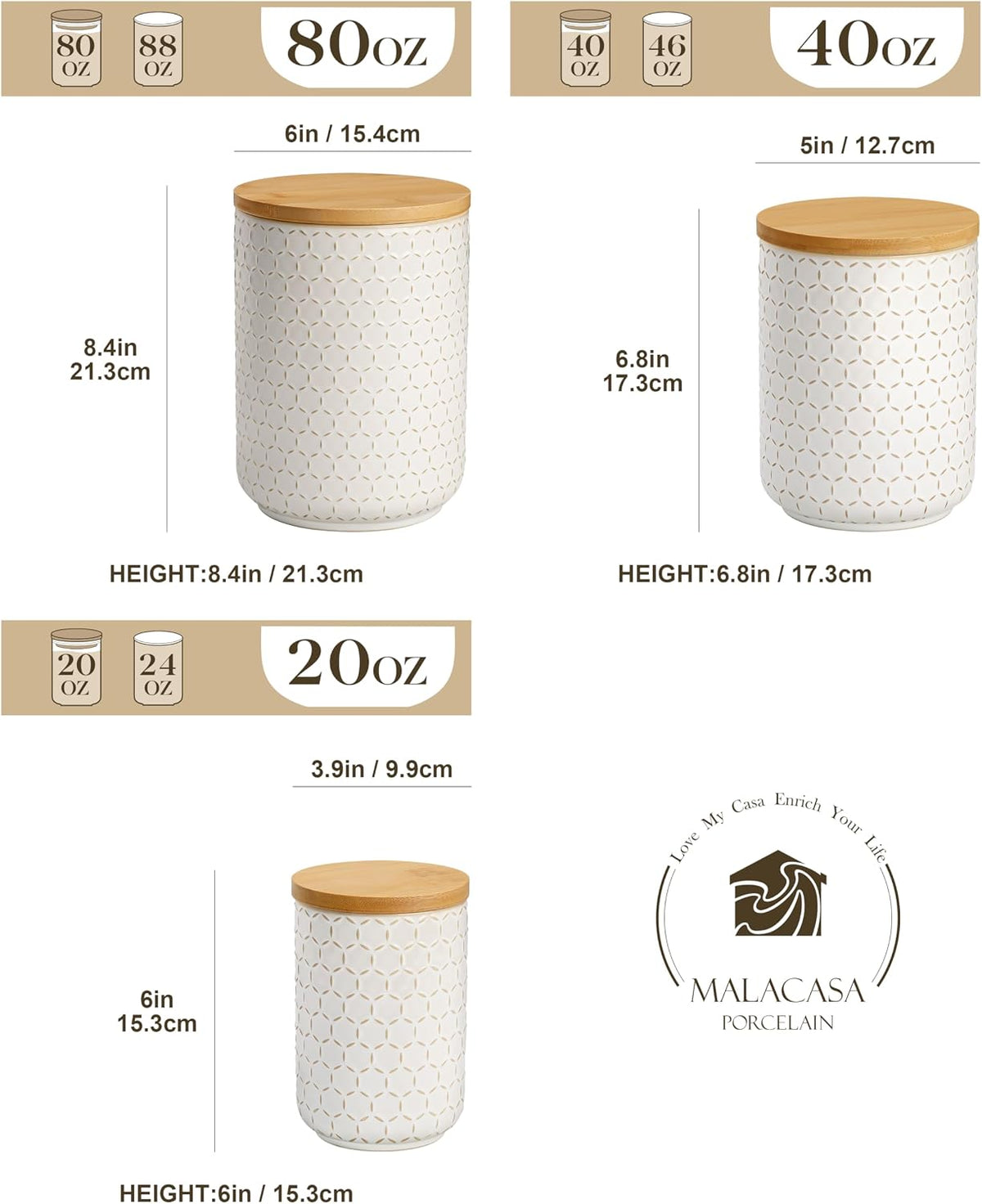 MALACASA LYDIA Ceramic Canister Set of 3 – Hexagon, Airtight Wooden Lids, 20/40/80 oz