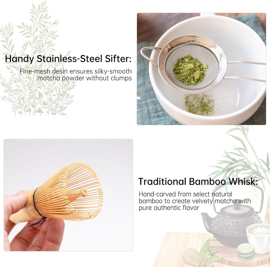 5-Piece Matcha Whisk Set – Green Ceramic Chawan, Bamboo Whisk, Scoop & Sifter