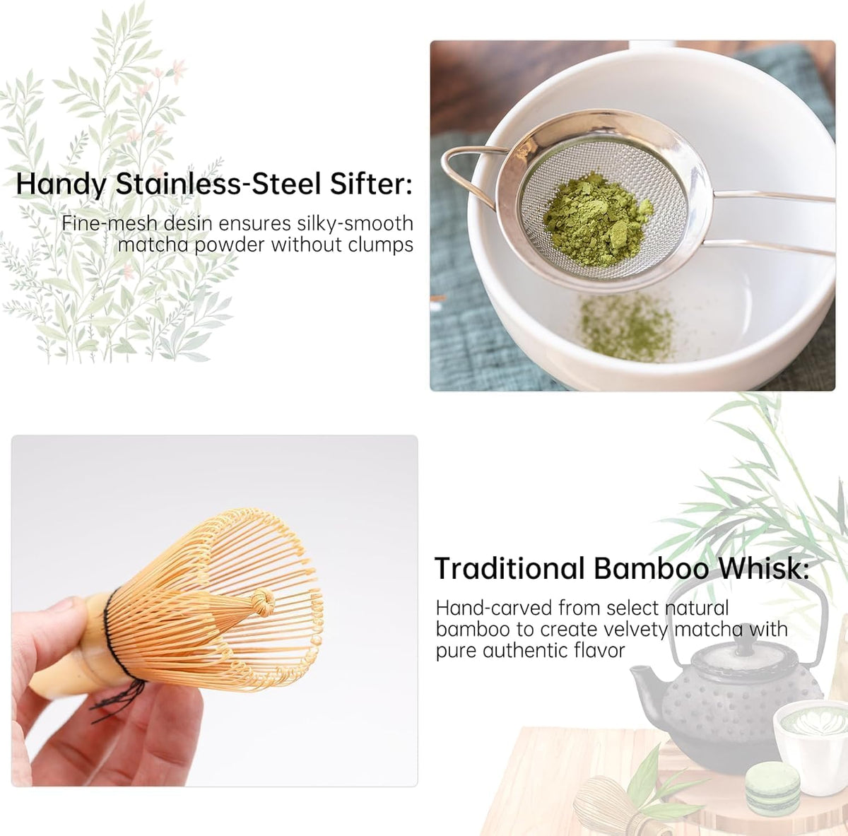 5-Piece Matcha Whisk Set – Green Ceramic Chawan, Bamboo Whisk, Scoop & Sifter