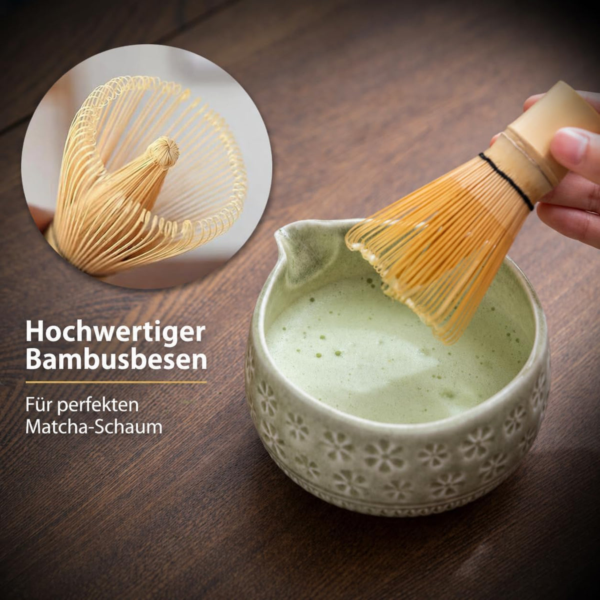 Buucup 7-Piece Green Ceramic Matcha Set – Bowl, Bamboo Whisk, Scoop, Holder, Rest, Sifter & Tea Towel