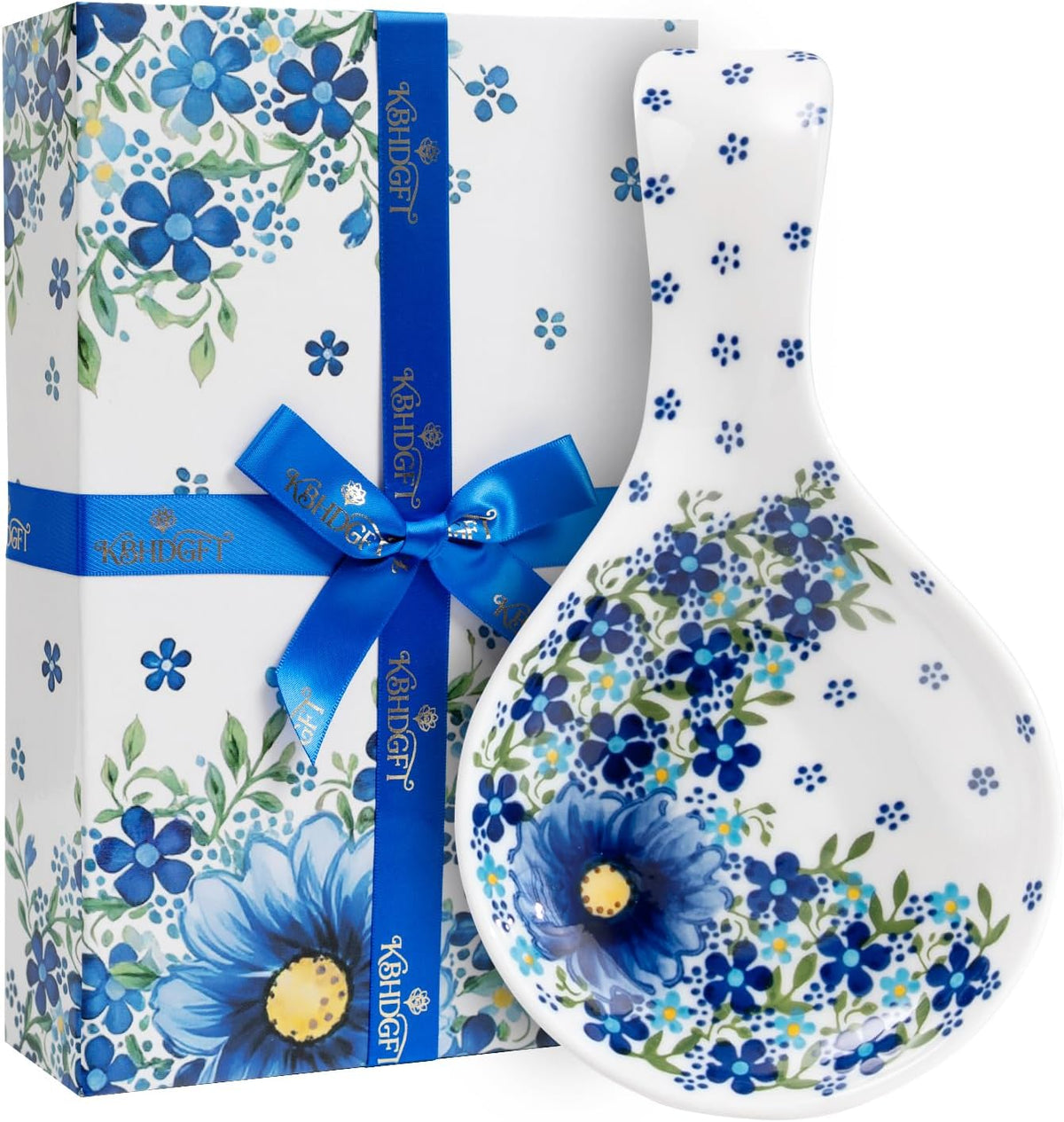 Large Ceramic Spoon Rest – Blue Floral, Heat Resistant, Dishwasher Safe, Gift Box