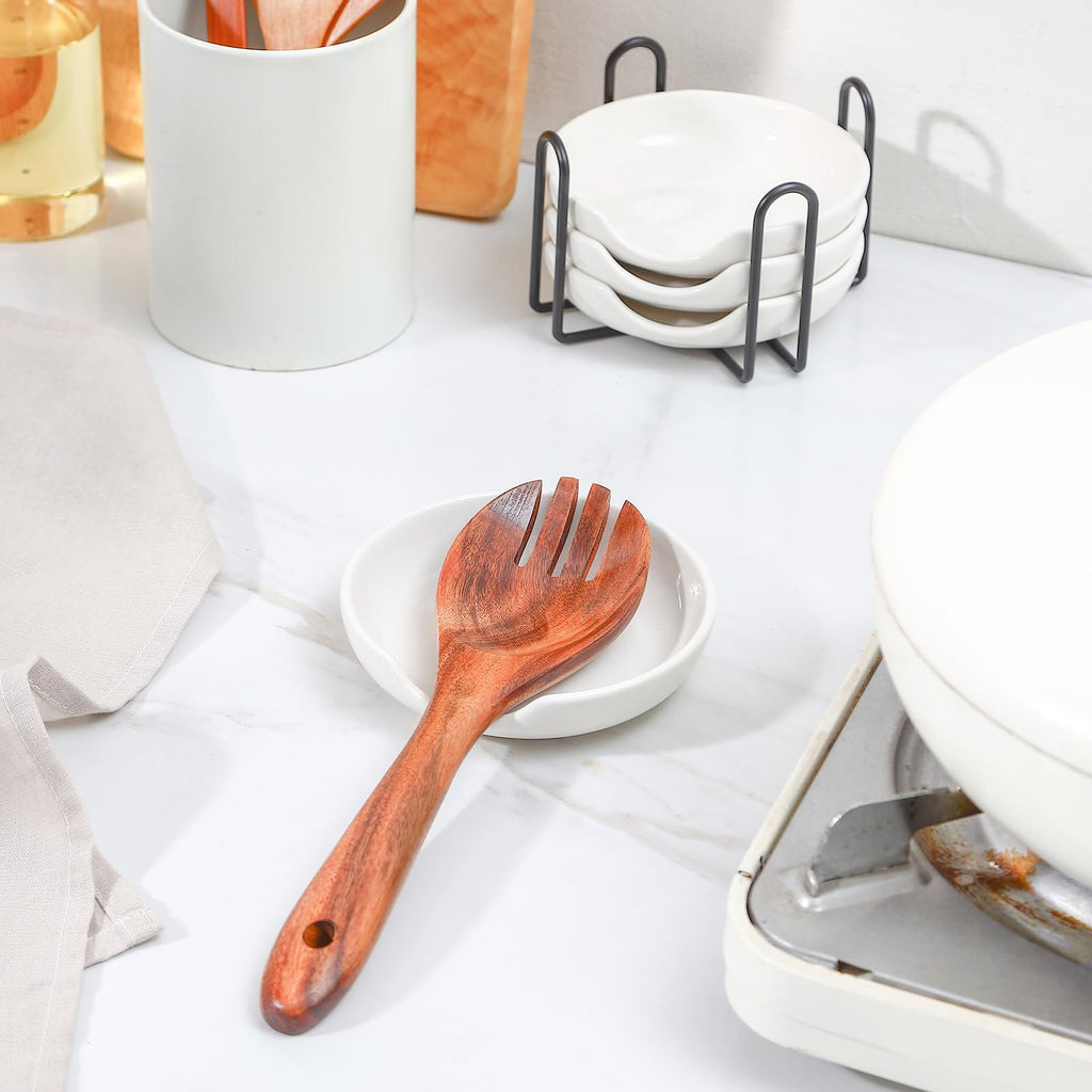 Selamica Ceramic Spoon Rest Set of 4 with Metal Holder – 4.8", Assorted Colors