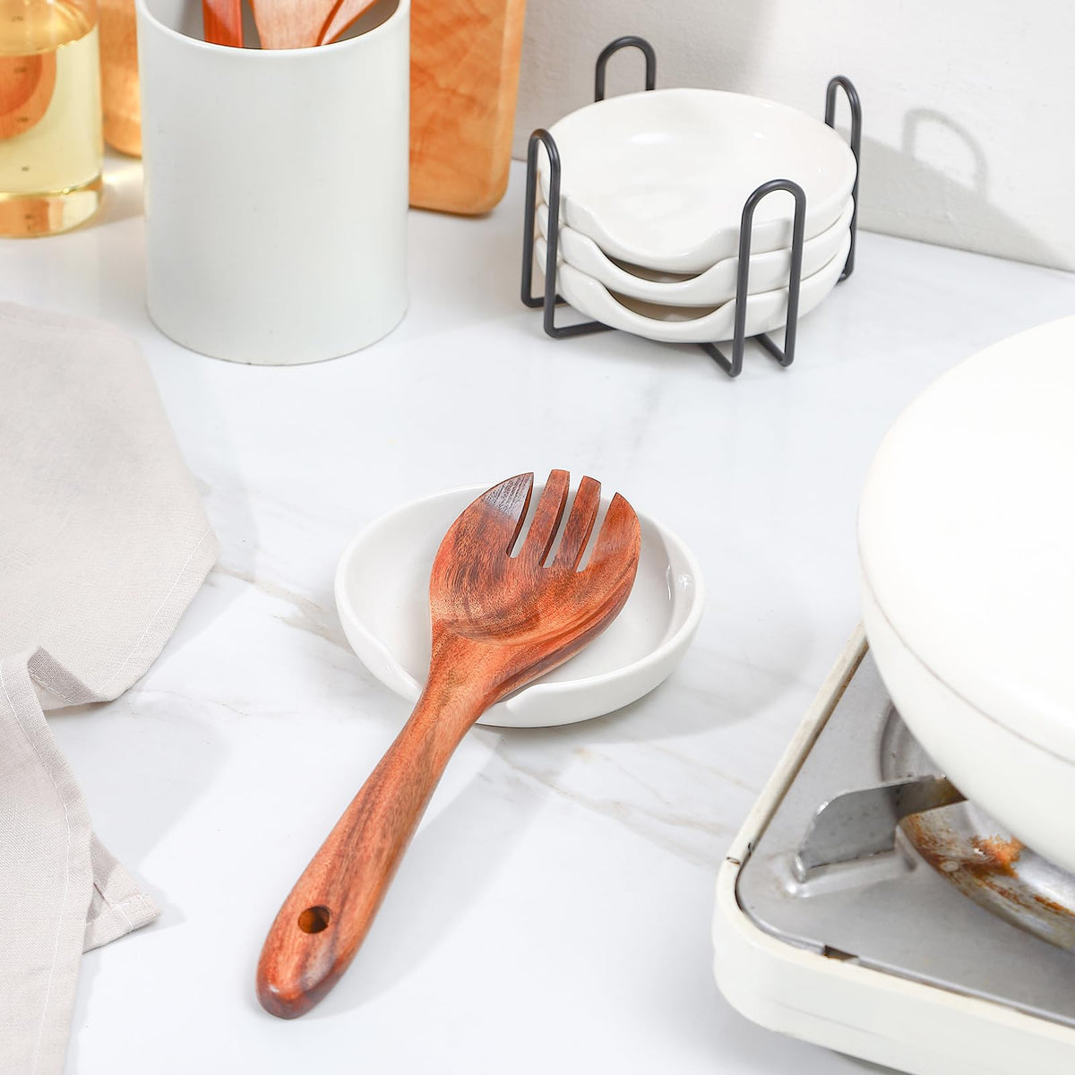 Selamica Ceramic Spoon Rest Set of 4 with Metal Holder – 4.8", Assorted Colors