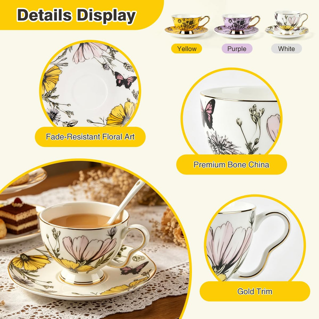 Bone China Floral Tea Cup & Saucer Set with Spoon – 7 oz