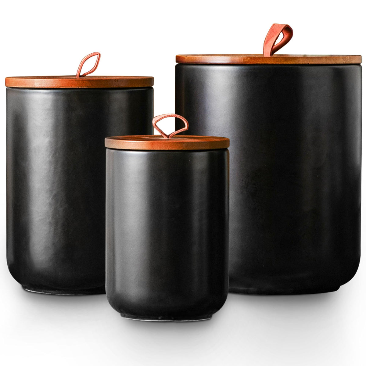 JOJUNO Black Embossed Ceramic Canister Set of 3 – Airtight Bamboo Lids, 30/48/82 oz