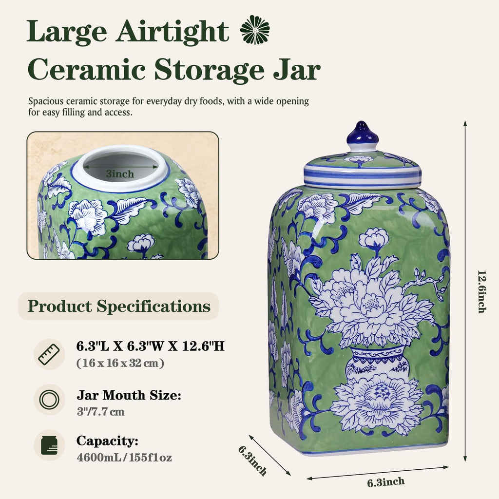 Ceramic Tea & Coffee Canister with Airtight Lid – 10" H, 121 fl oz, Green Peony Chinoiserie
