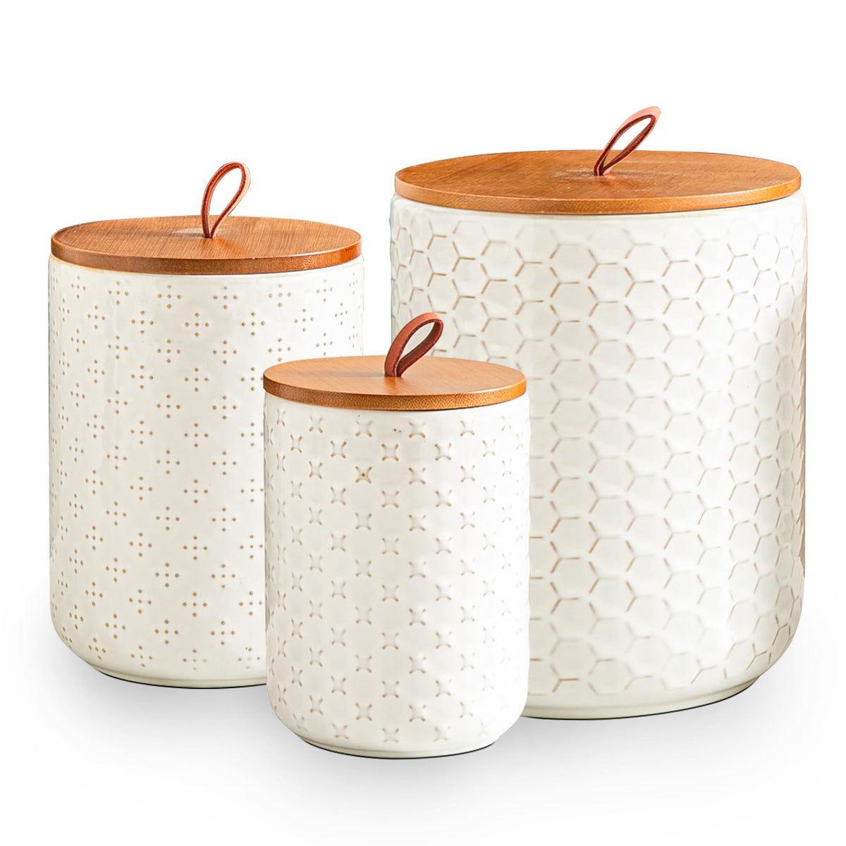 JOJUNO Black Embossed Ceramic Canister Set of 3 – Airtight Bamboo Lids, 30/48/82 oz