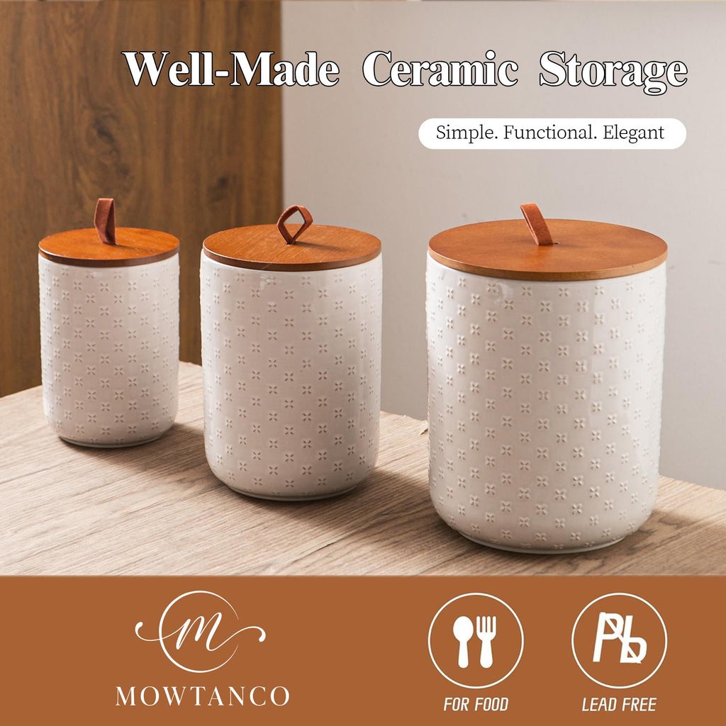 Mowtanco White Embossed Ceramic Canister Set of 3 – Airtight Bamboo Lids, 12/30/48 oz