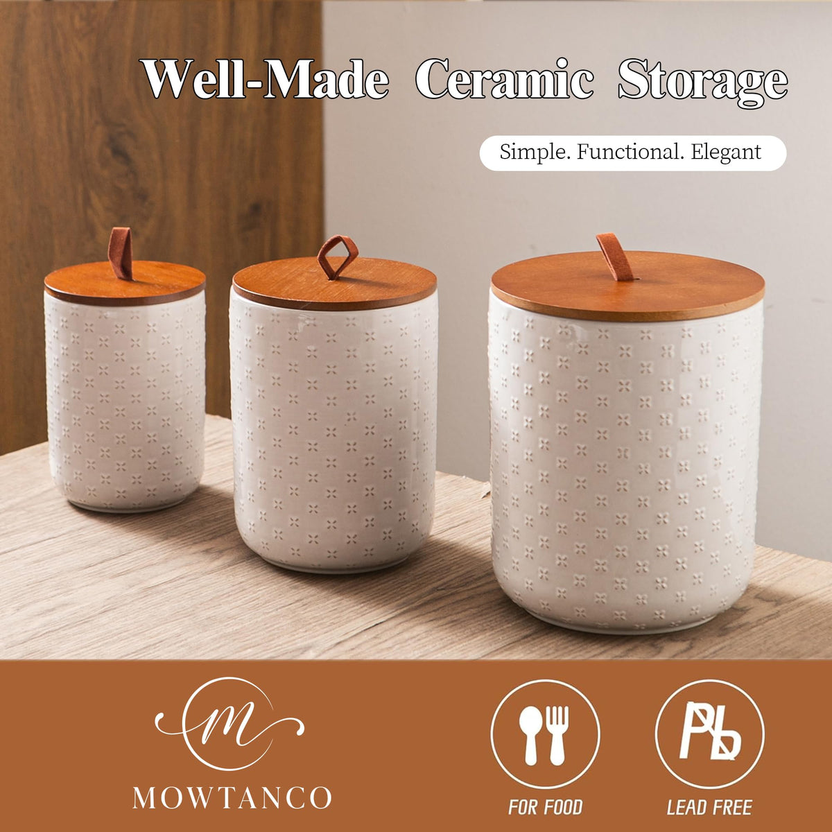 Mowtanco White Embossed Ceramic Canister Set of 3 – Airtight Bamboo Lids, 12/30/48 oz