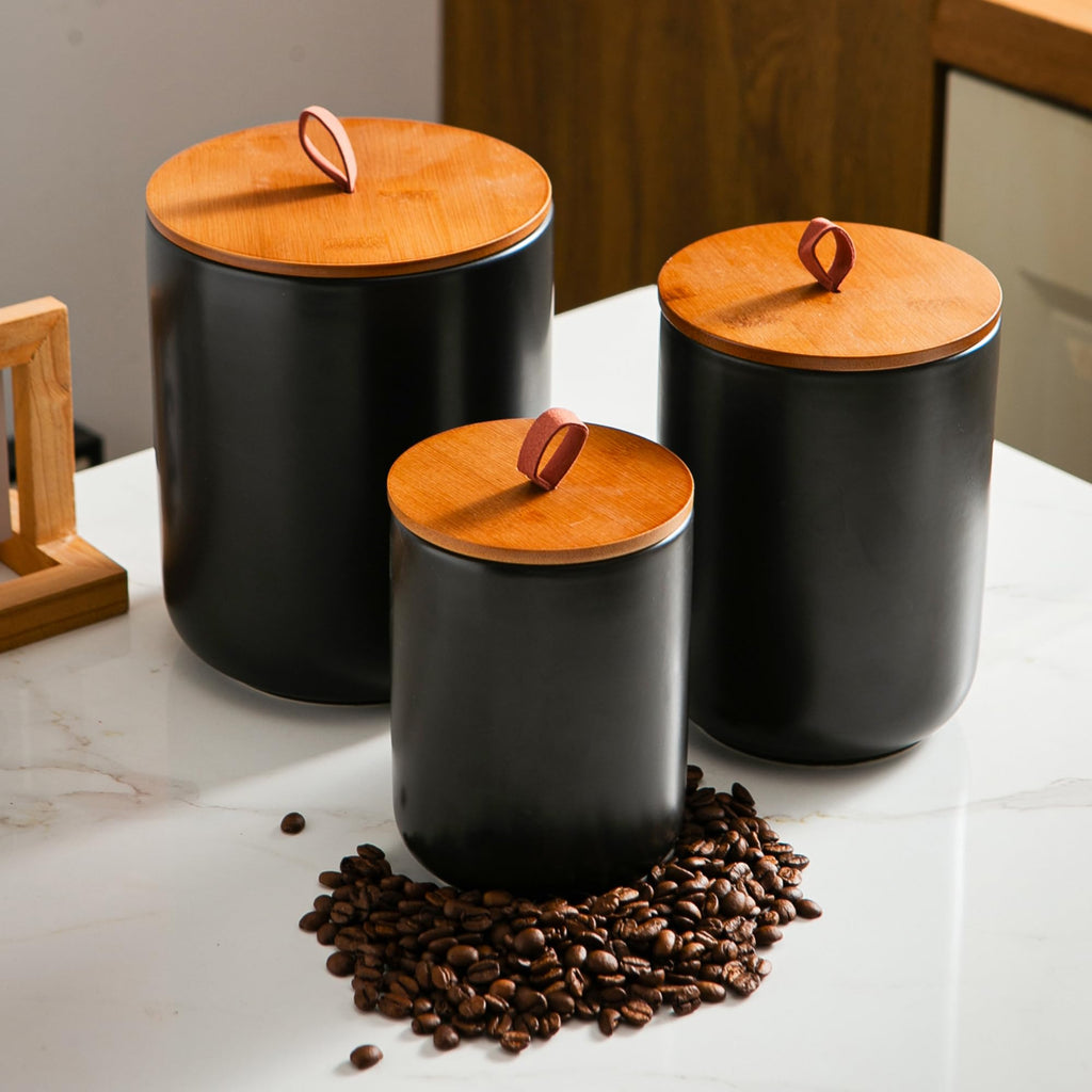 Mowtanco White Embossed Ceramic Canister Set of 3 – Airtight Bamboo Lids, 12/30/48 oz