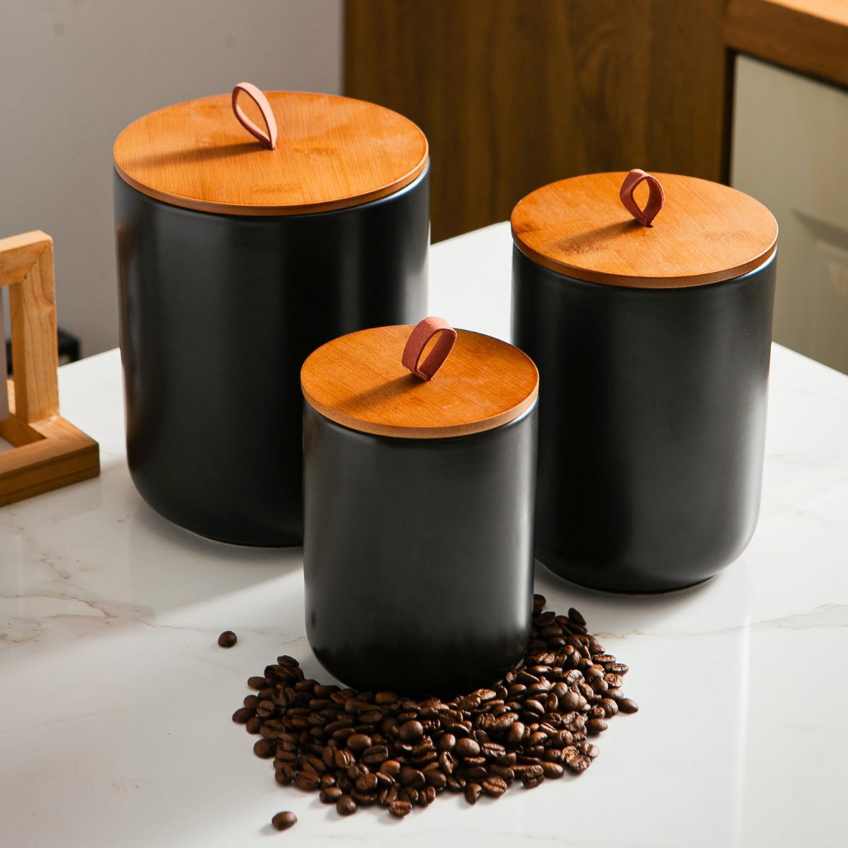 Mowtanco White Embossed Ceramic Canister Set of 3 – Airtight Bamboo Lids, 12/30/48 oz