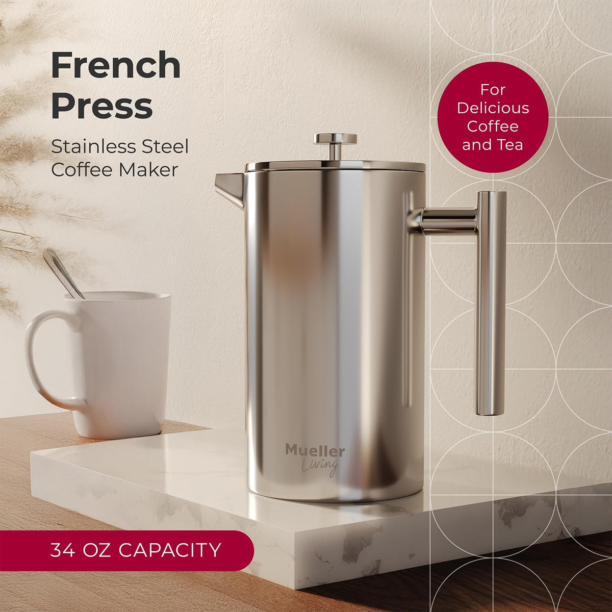 MuellerLiving French Press Coffee Maker – 34oz, Stainless Steel, 4-Filter