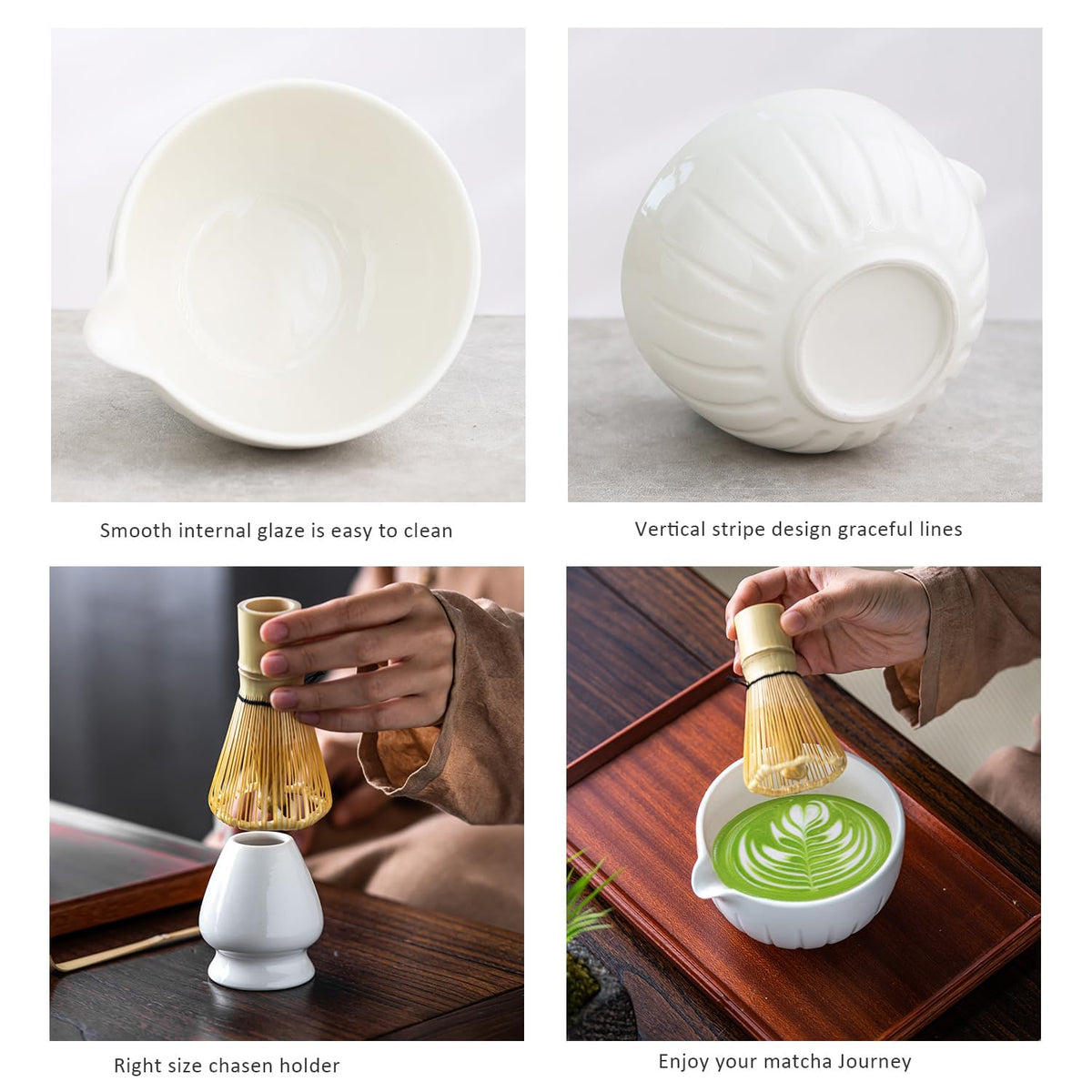 Tang Pin 5-Piece Matcha Set – 15oz Mottled Green Ceramic Bowl, Whisk, Scoop & Chasen Holder