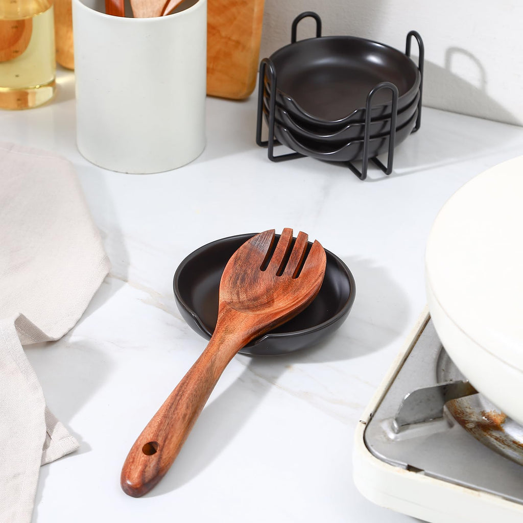 Selamica Ceramic Spoon Rest Set of 4 with Metal Holder – 4.8", Assorted Colors