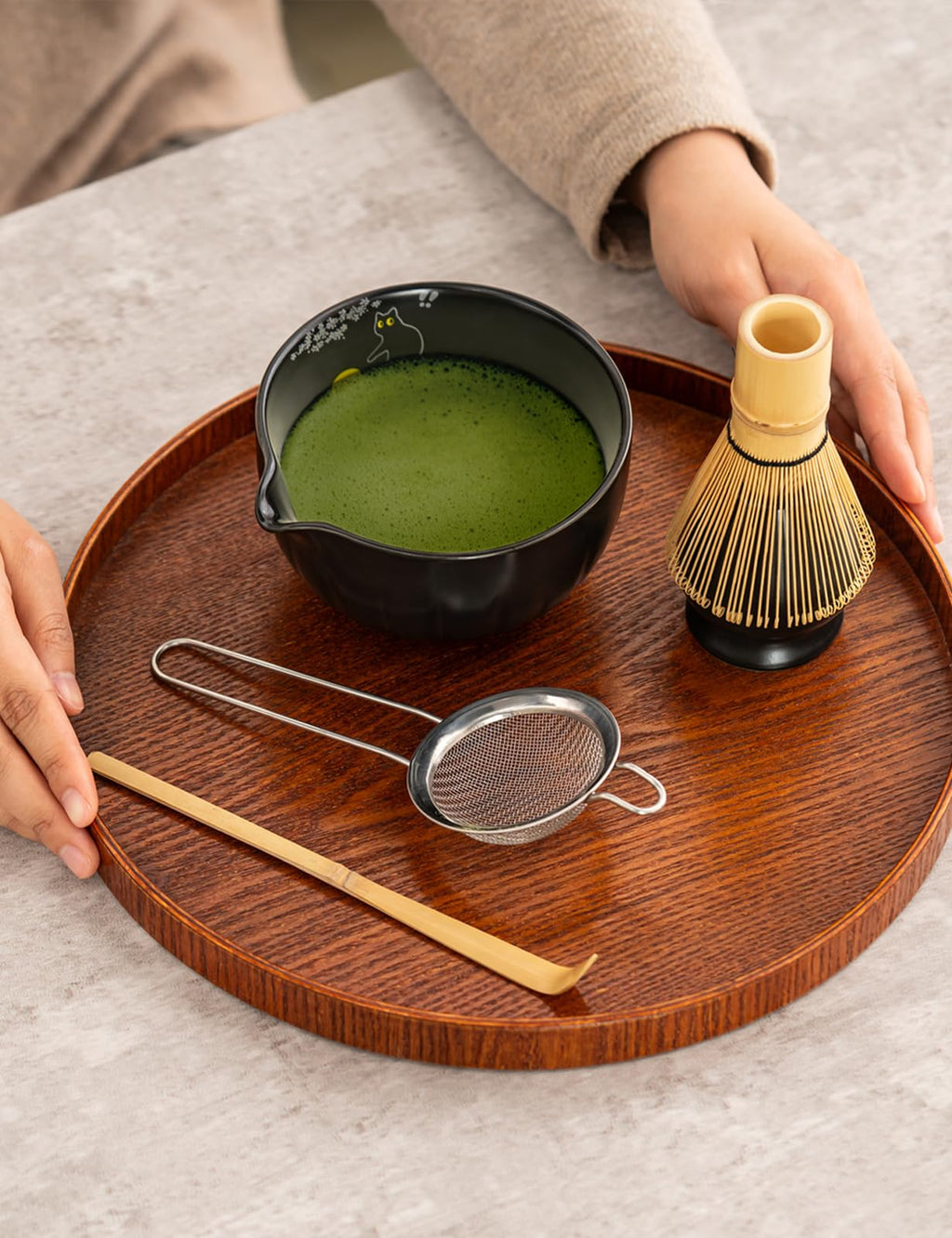 Tang Pin 5-Piece Matcha Set – 15oz Mottled Green Ceramic Bowl, Whisk, Scoop & Chasen Holder
