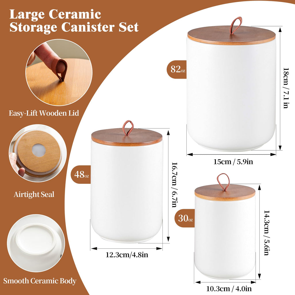 Mowtanco White Embossed Ceramic Canister Set of 3 – Airtight Bamboo Lids, 12/30/48 oz