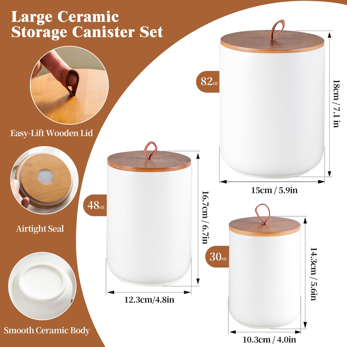 Mowtanco White Embossed Ceramic Canister Set of 3 – Airtight Bamboo Lids, 12/30/48 oz