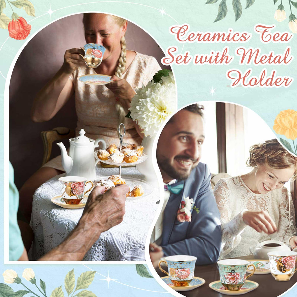 Floral Porcelain Tea Cups & Saucers Set of 18 – 6 Patterns, 5.4 oz