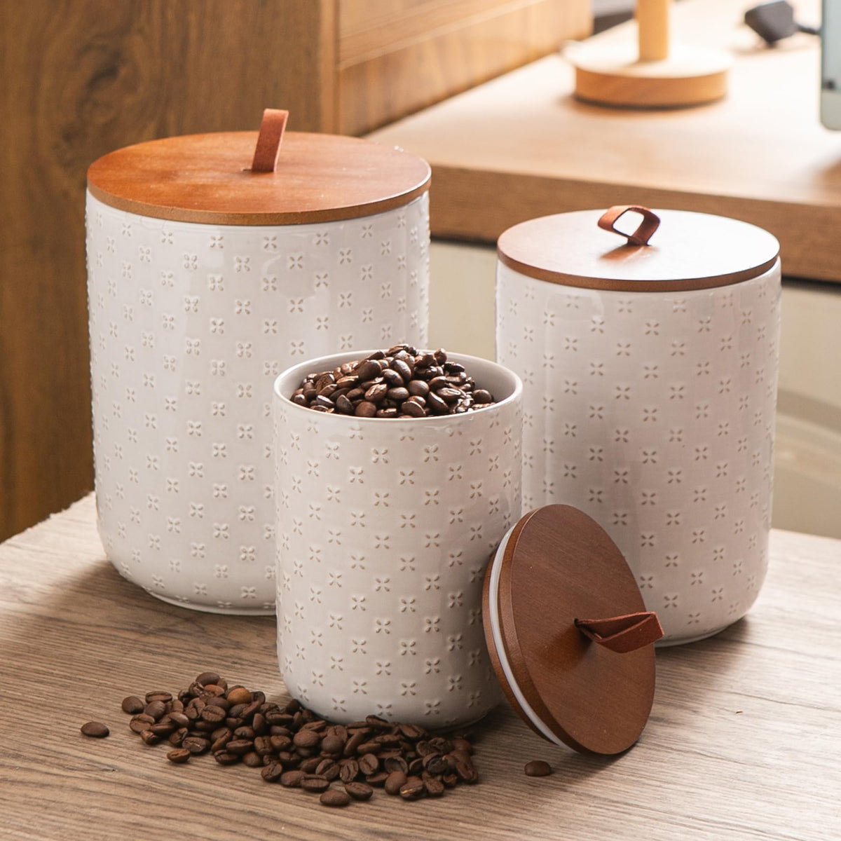 Mowtanco White Embossed Ceramic Canister Set of 3 – Airtight Bamboo Lids, 12/30/48 oz