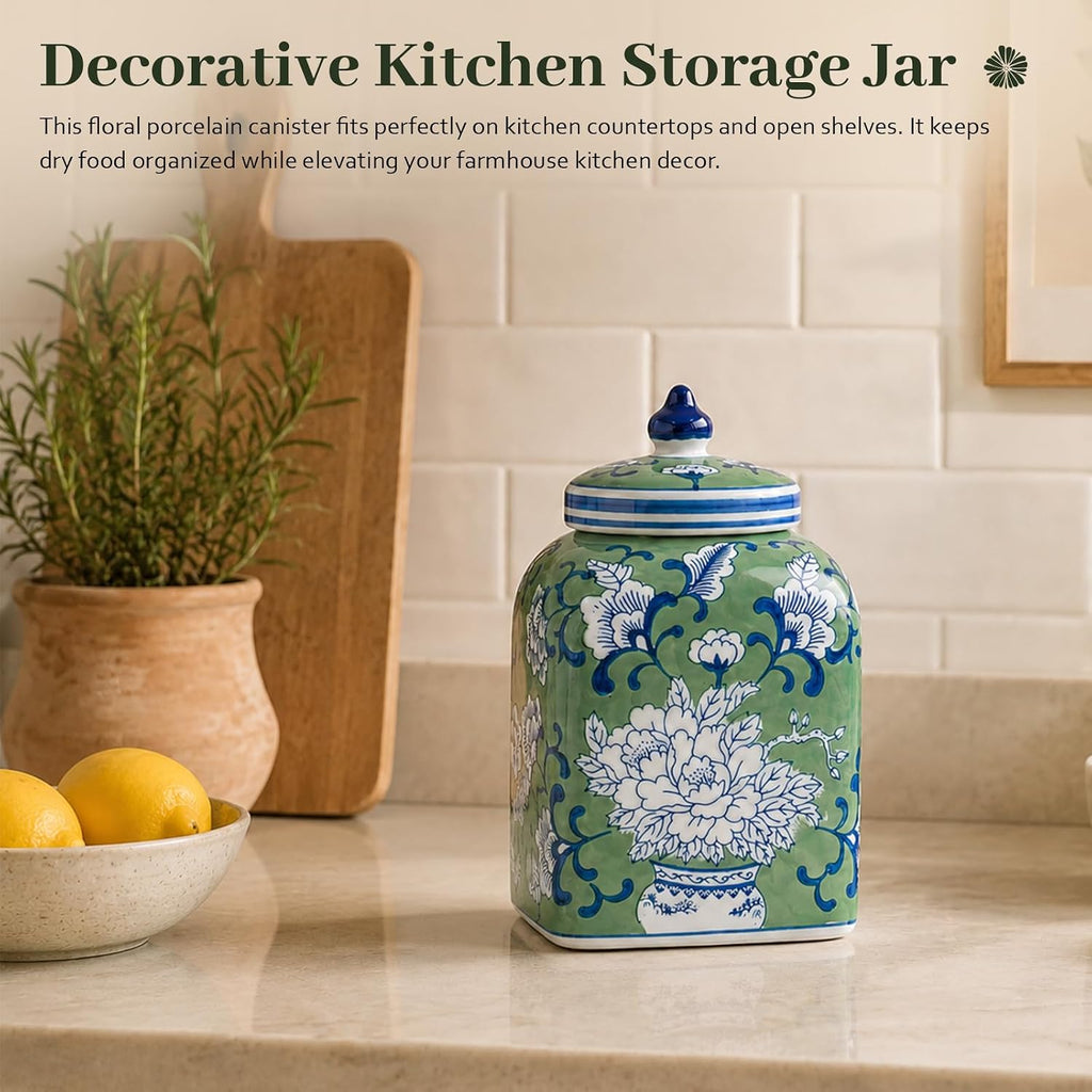 Ceramic Tea & Coffee Canister with Airtight Lid – 10" H, 121 fl oz, Green Peony Chinoiserie