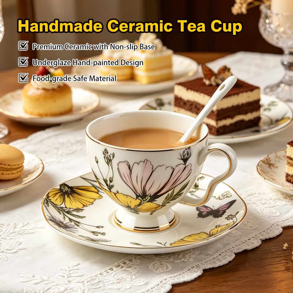 Bone China Floral Tea Cup & Saucer Set with Spoon – 7 oz