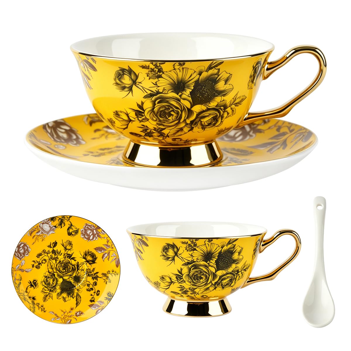 Bone China Floral Tea Cup & Saucer Set with Spoon – 7 oz
