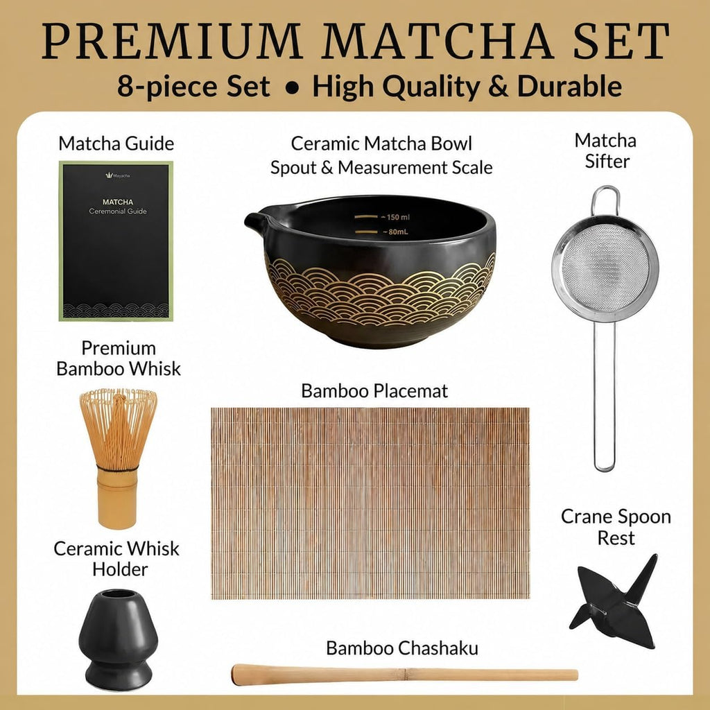 8-Piece Japanese Matcha Set – Spout Bowl with Measurement Marks, 100-Bristle Whisk & Crane Spoon Holder
