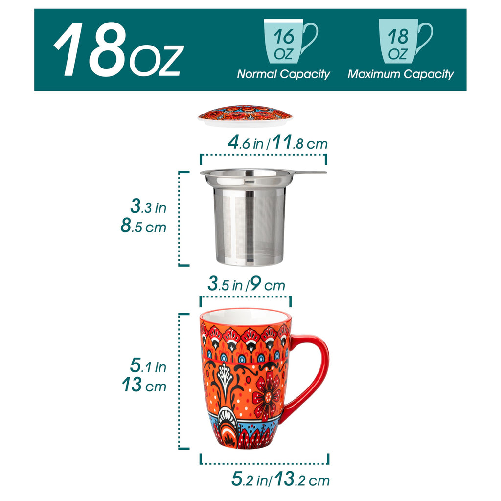 Ceramic Tea Infuser Mug with Lid, 18 oz – Bohemian Forest Daisy Pattern, Microwave & Dishwasher Safe