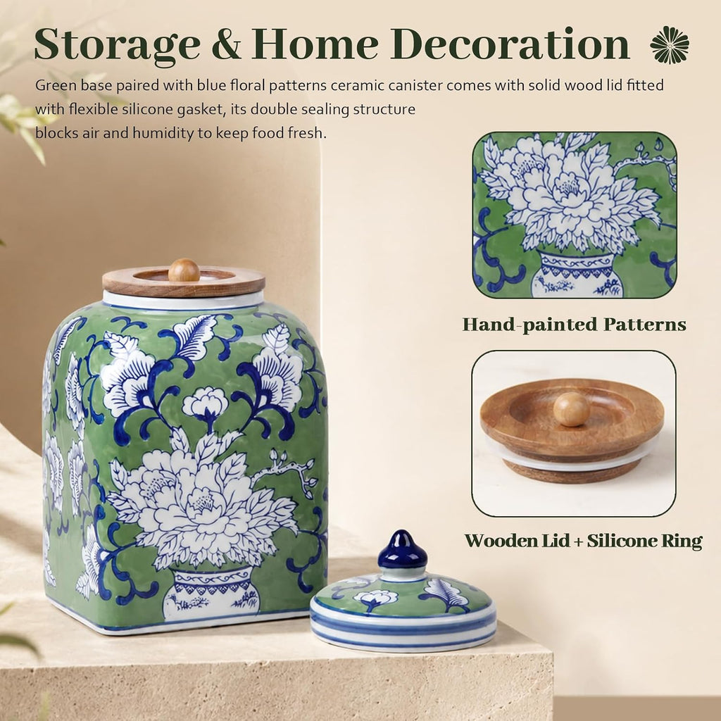 Ceramic Tea & Coffee Canister with Airtight Lid – 10" H, 121 fl oz, Green Peony Chinoiserie