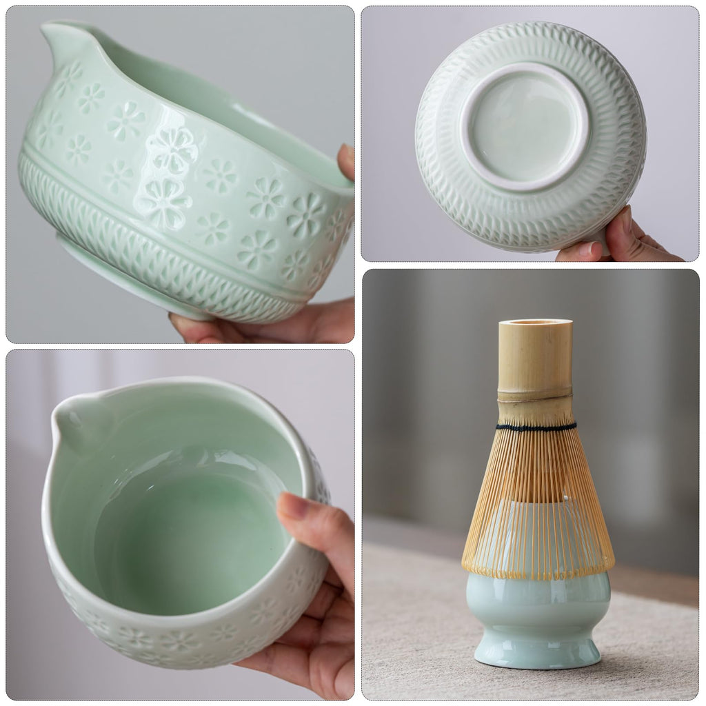 Buucup 7-Piece Green Ceramic Matcha Set – Bowl, Bamboo Whisk, Scoop, Holder, Rest, Sifter & Tea Towel