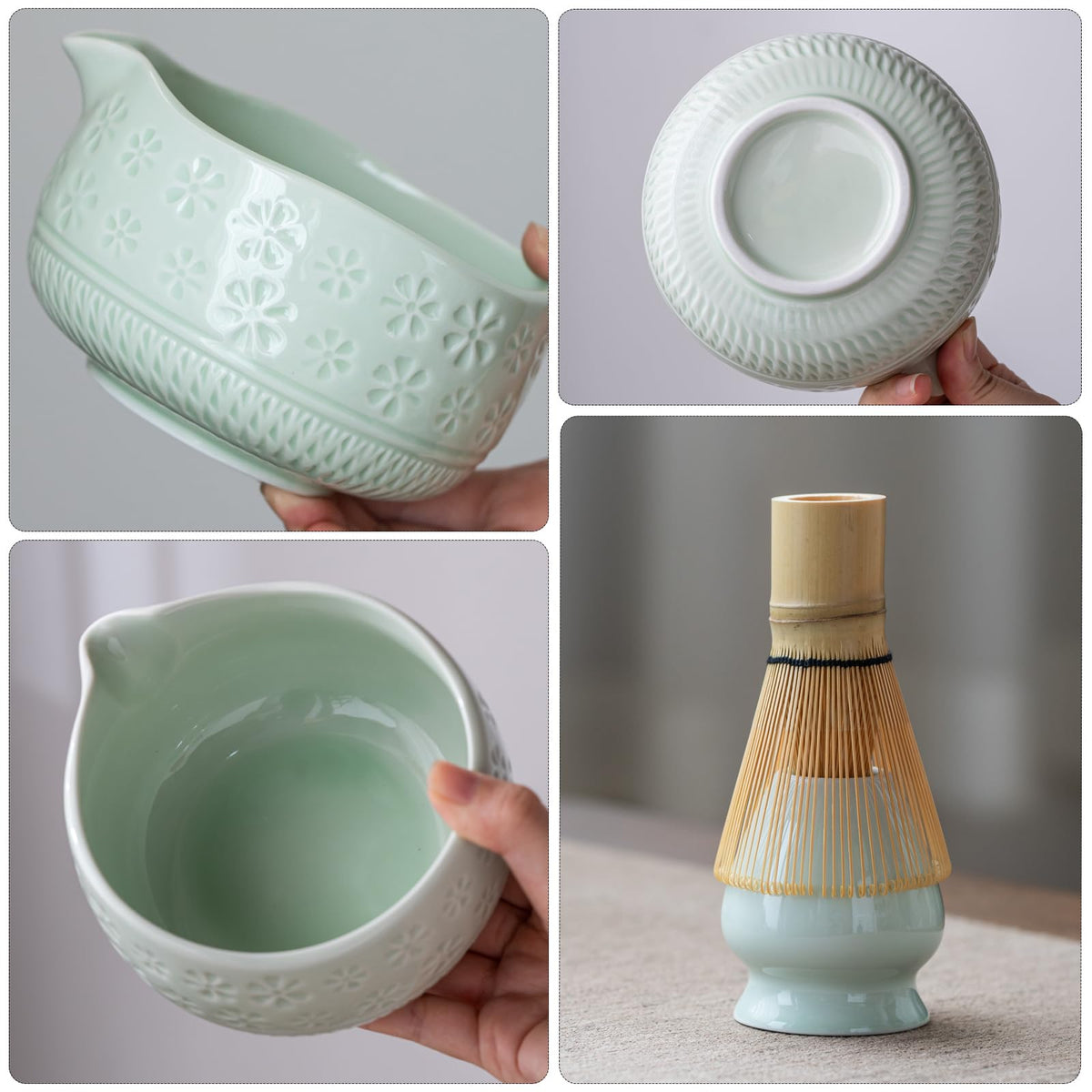 Buucup 7-Piece Green Ceramic Matcha Set – Bowl, Bamboo Whisk, Scoop, Holder, Rest, Sifter & Tea Towel