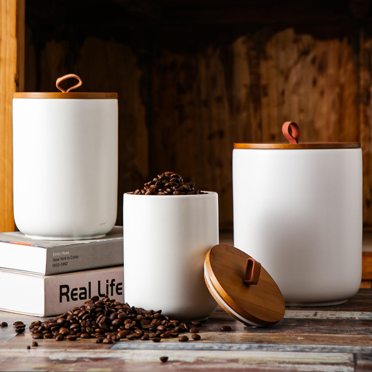 JOJUNO Black Embossed Ceramic Canister Set of 3 – Airtight Bamboo Lids, 30/48/82 oz