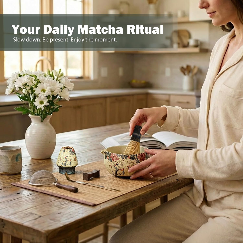 7-Piece Matcha Set – Floral Bowl & Purple Bamboo Whisk