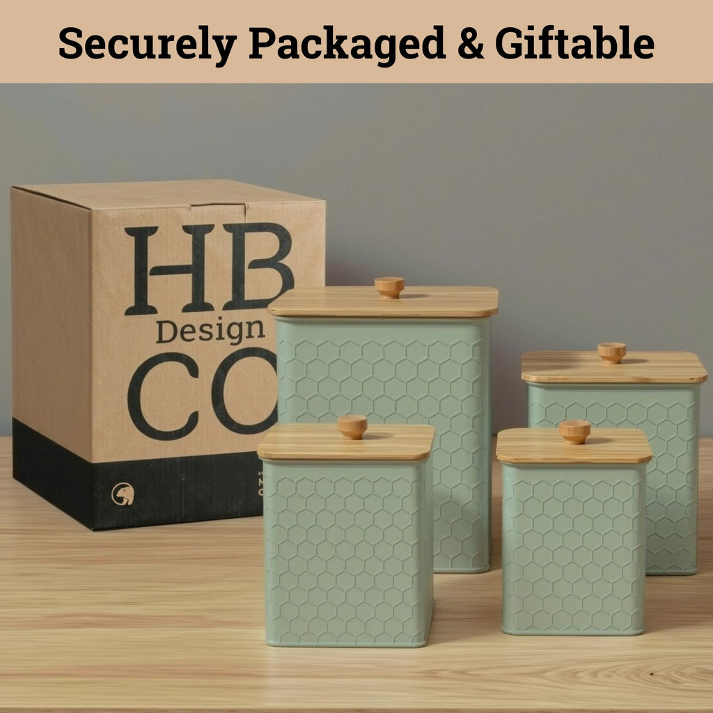 Honeycomb Metal Kitchen Canister Set of 4 – Airtight Bamboo Lids, Matte Black, 1.25–6.5 qt