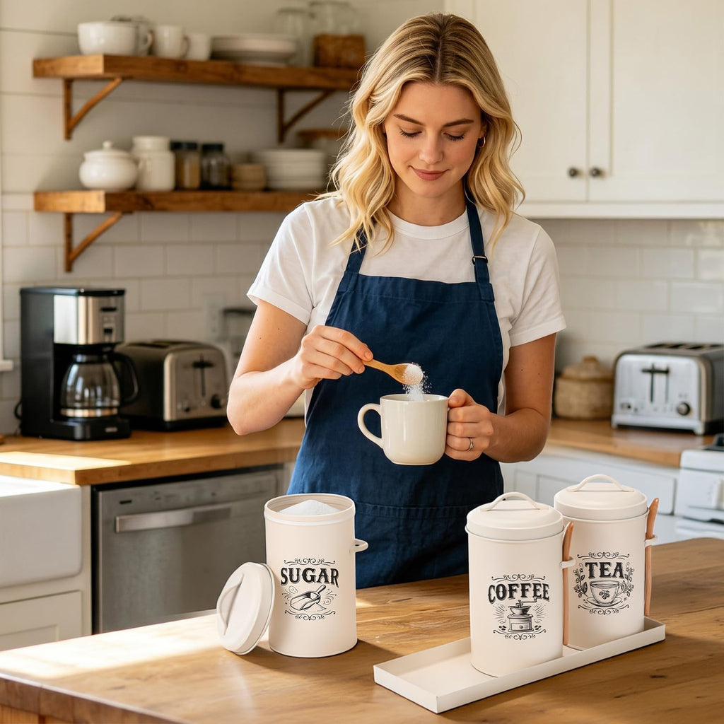White Coffee, Tea & Sugar Canister Set of 3 with Tray & Wood Scoops – Metal, Airtight, Farmhouse