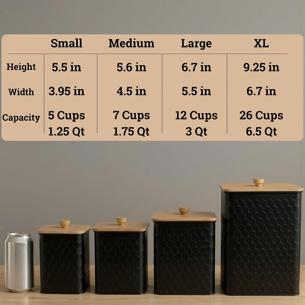Honeycomb Metal Kitchen Canister Set of 4 – Airtight Bamboo Lids, Matte Black, 1.25–6.5 qt