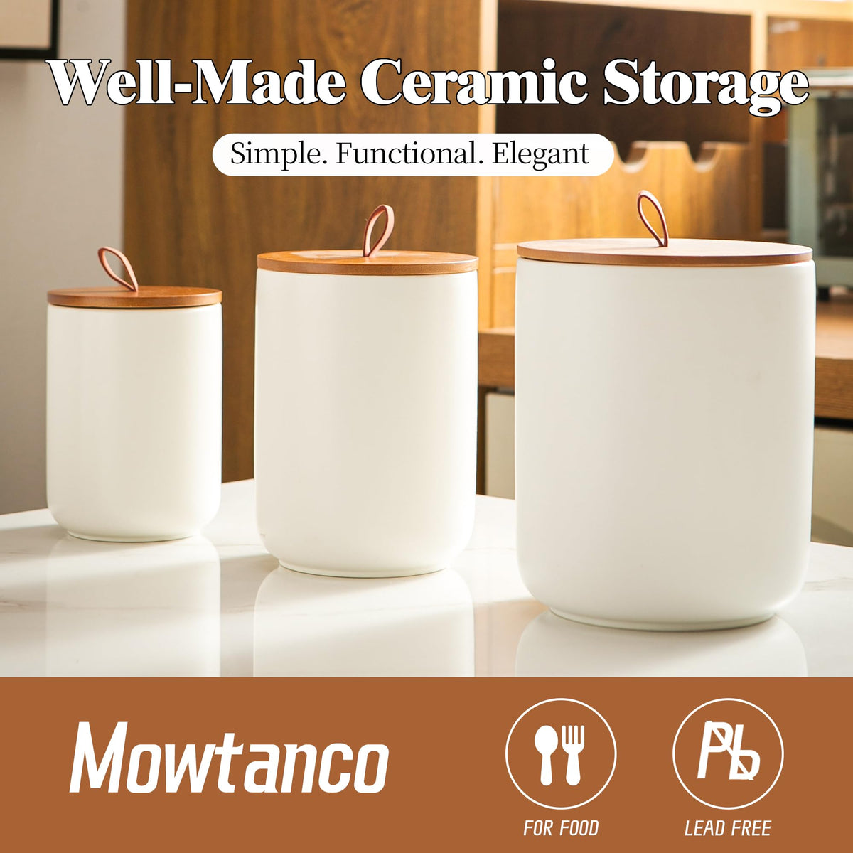 Mowtanco White Embossed Ceramic Canister Set of 3 – Airtight Bamboo Lids, 12/30/48 oz