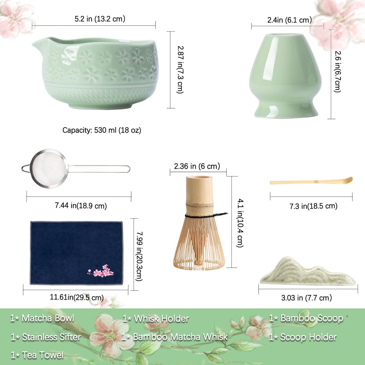 Buucup 7-Piece Green Ceramic Matcha Set – Bowl, Bamboo Whisk, Scoop, Holder, Rest, Sifter & Tea Towel