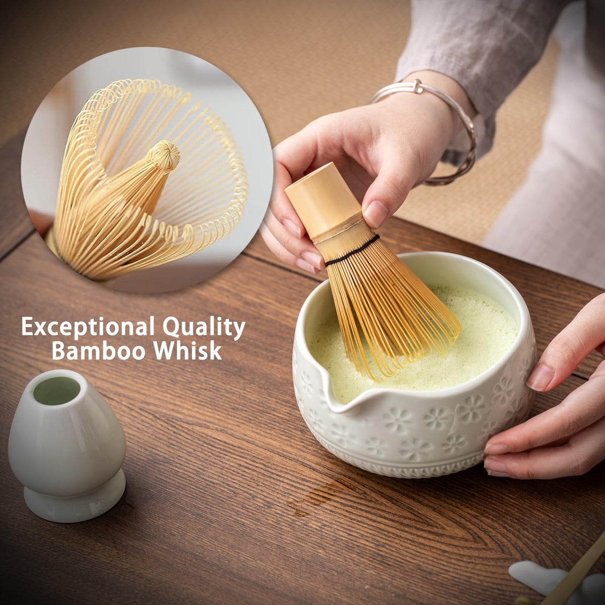 Buucup 7-Piece Green Ceramic Matcha Set – Bowl, Bamboo Whisk, Scoop, Holder, Rest, Sifter & Tea Towel