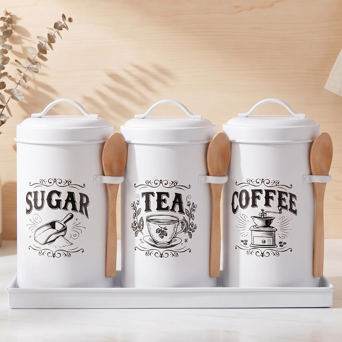 White Coffee, Tea & Sugar Canister Set of 3 with Tray & Wood Scoops – Metal, Airtight, Farmhouse