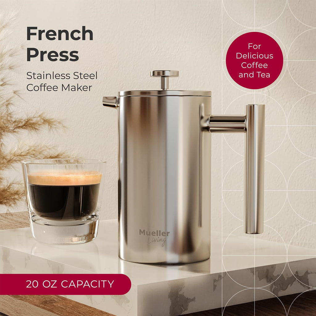 MuellerLiving French Press Coffee Maker – 34oz, Stainless Steel, 4-Filter