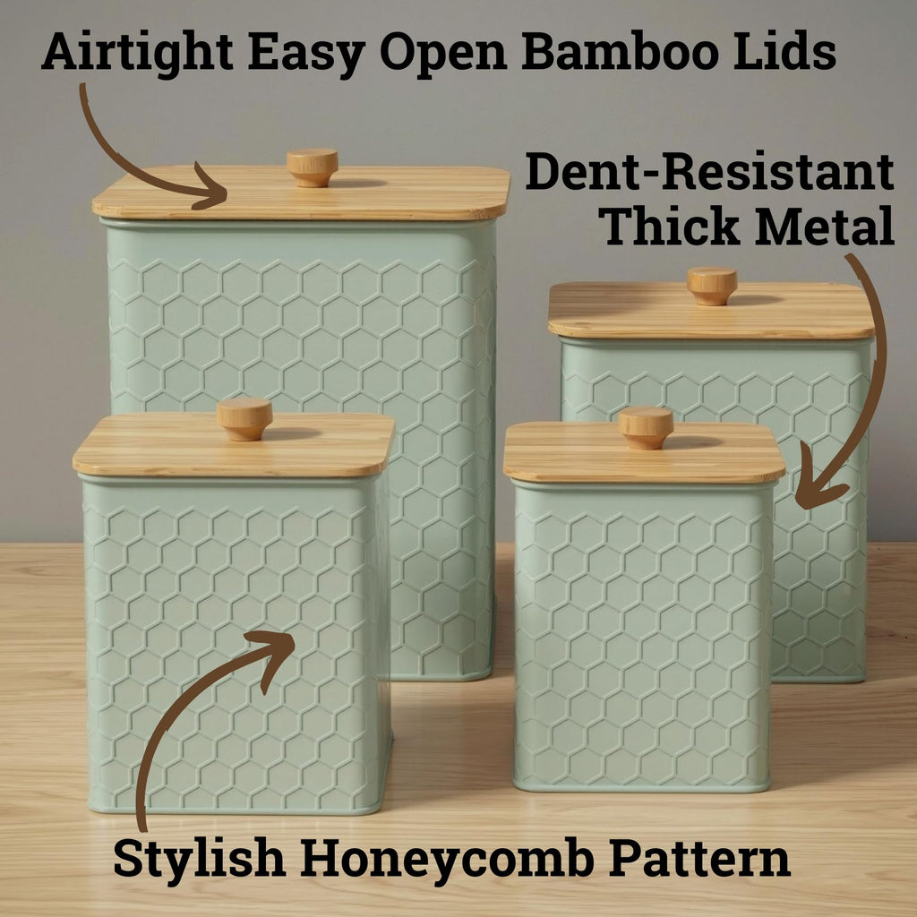 Honeycomb Metal Kitchen Canister Set of 4 – Airtight Bamboo Lids, Matte Black, 1.25–6.5 qt