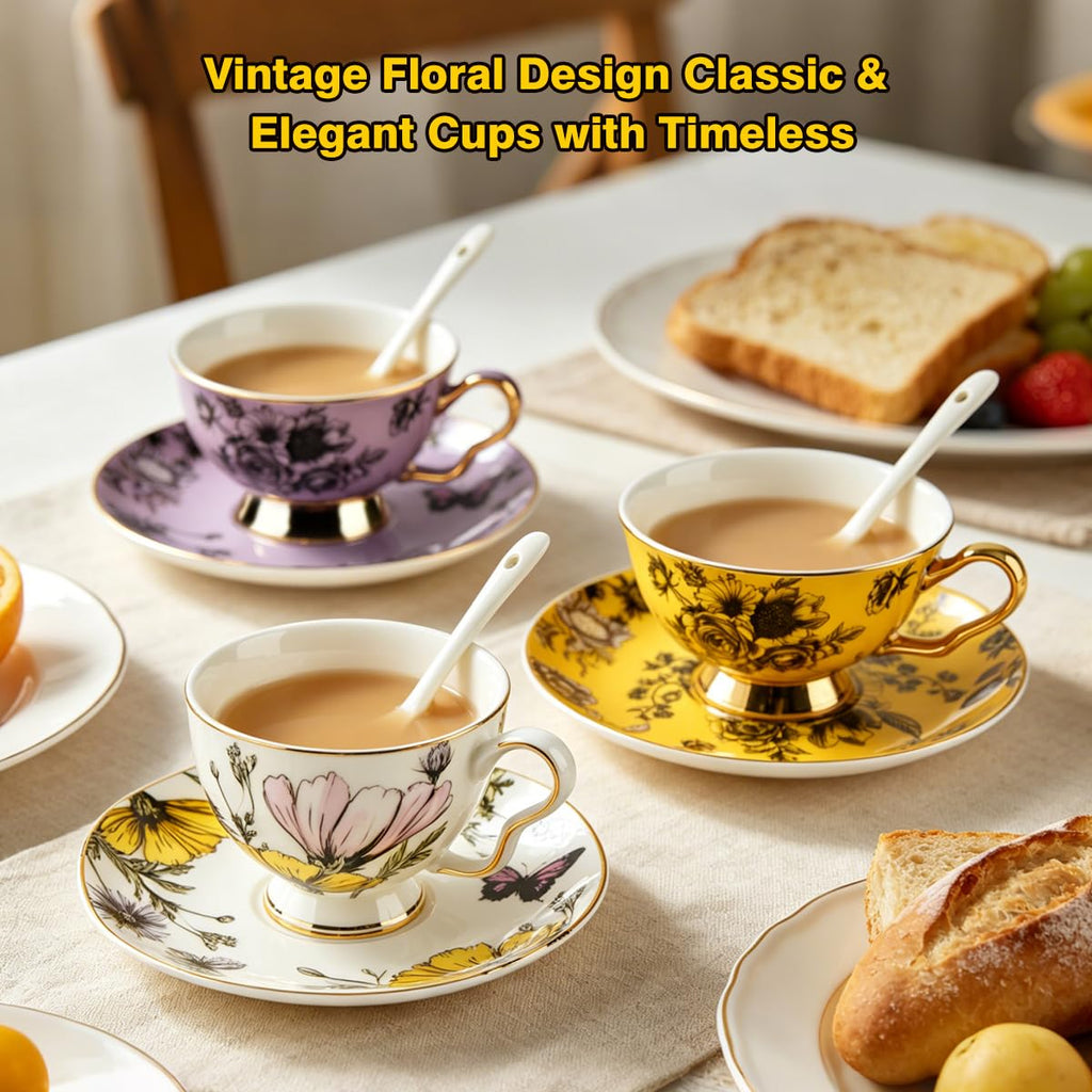 Bone China Floral Tea Cup & Saucer Set with Spoon – 7 oz