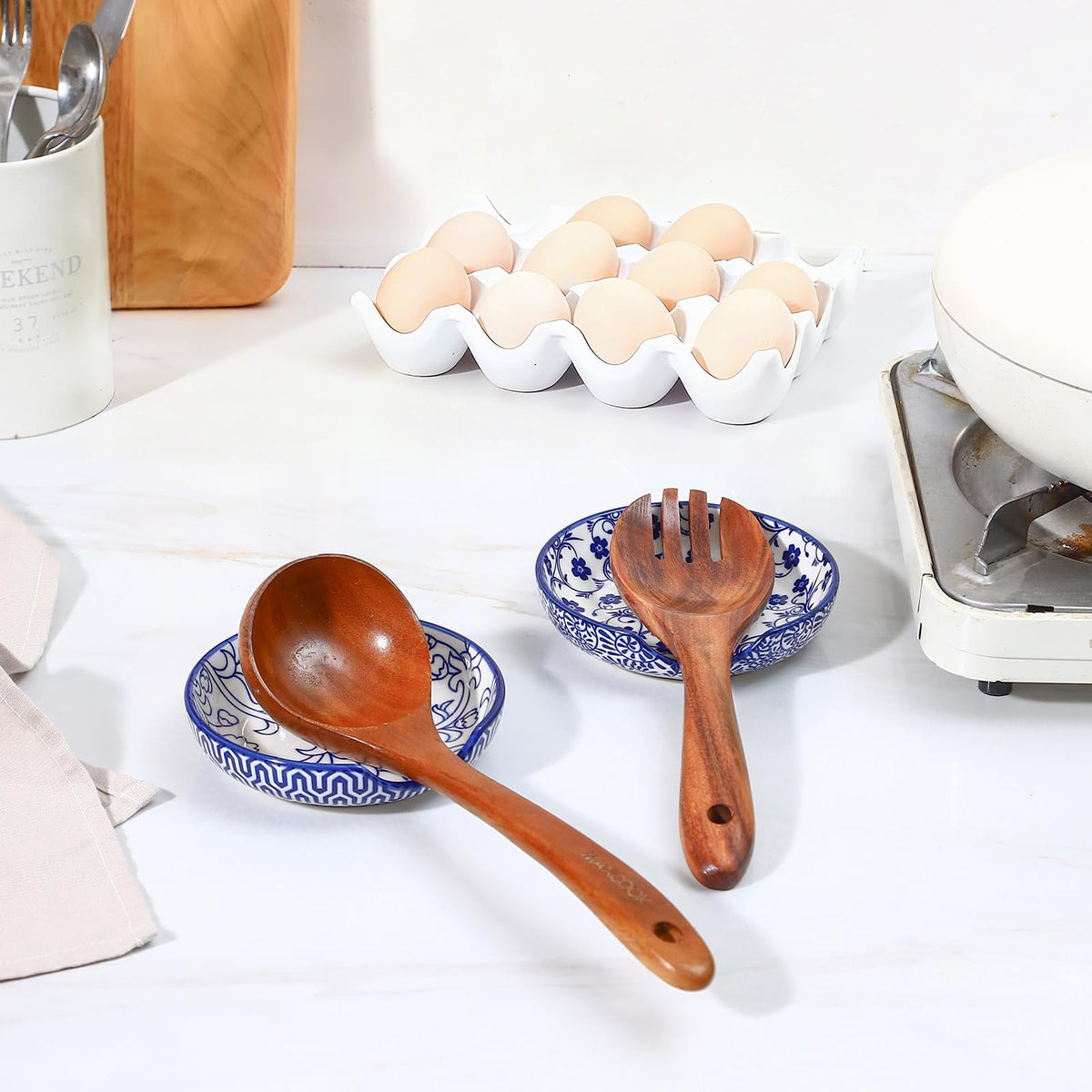 Selamica Ceramic Spoon Rest Set of 4 with Metal Holder – 4.8", Assorted Colors