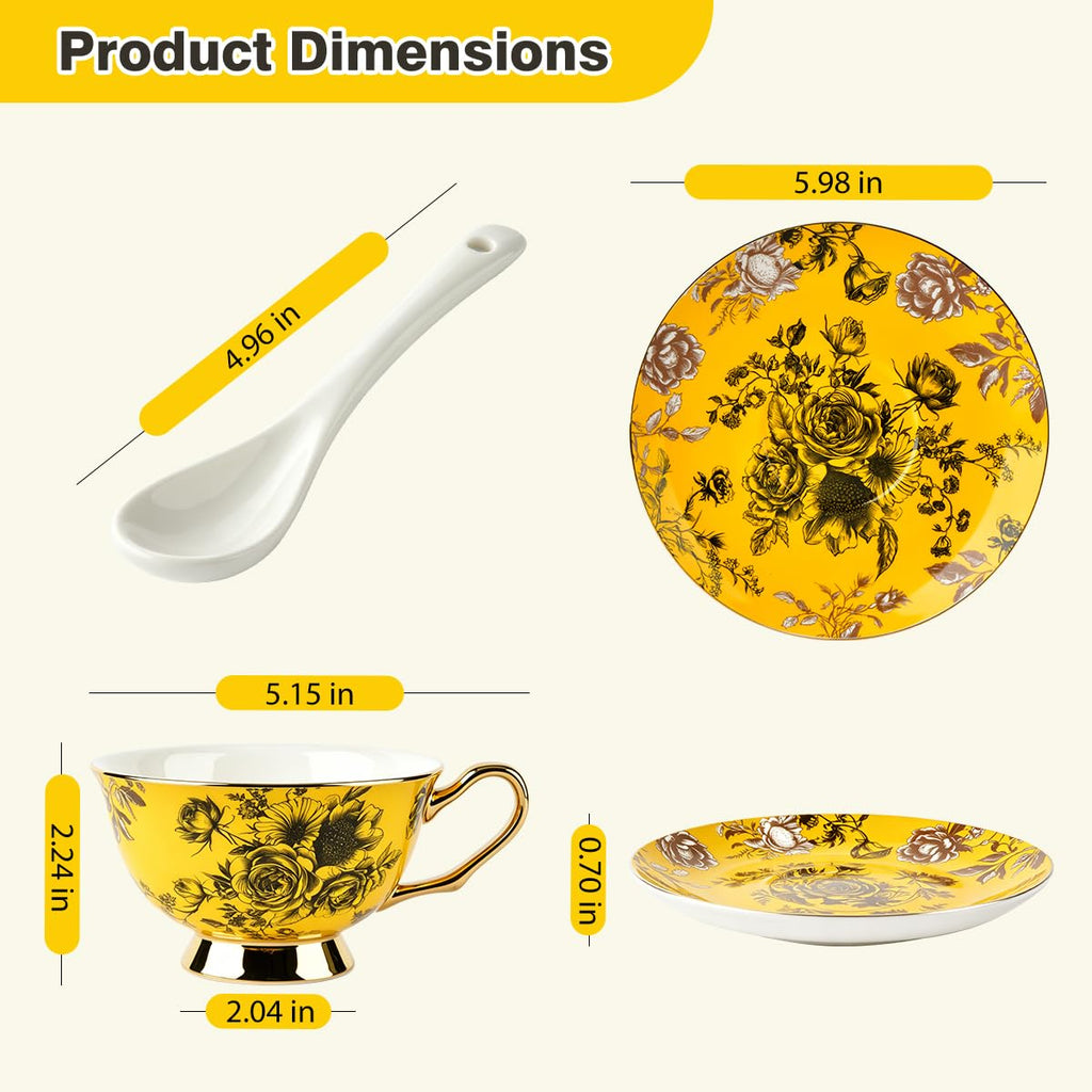 Bone China Floral Tea Cup & Saucer Set with Spoon – 7 oz