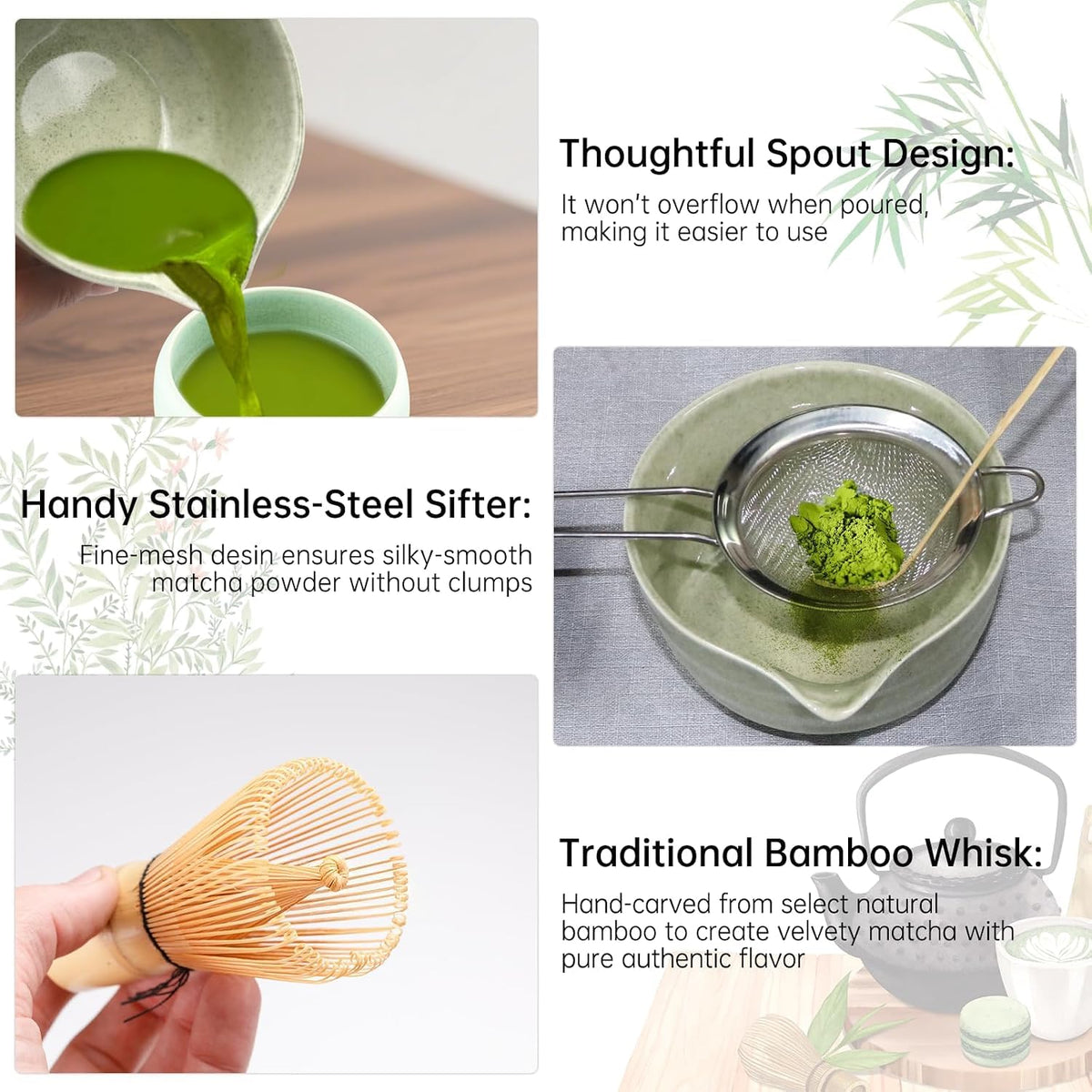 5-Piece Matcha Whisk Set – Green Ceramic Chawan, Bamboo Whisk, Scoop & Sifter