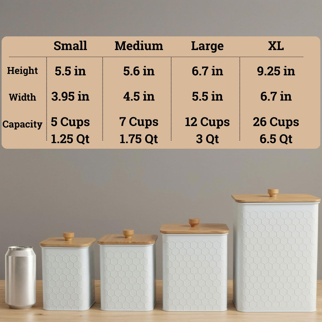 Honeycomb Metal Kitchen Canister Set of 4 – Airtight Bamboo Lids, Matte Black, 1.25–6.5 qt