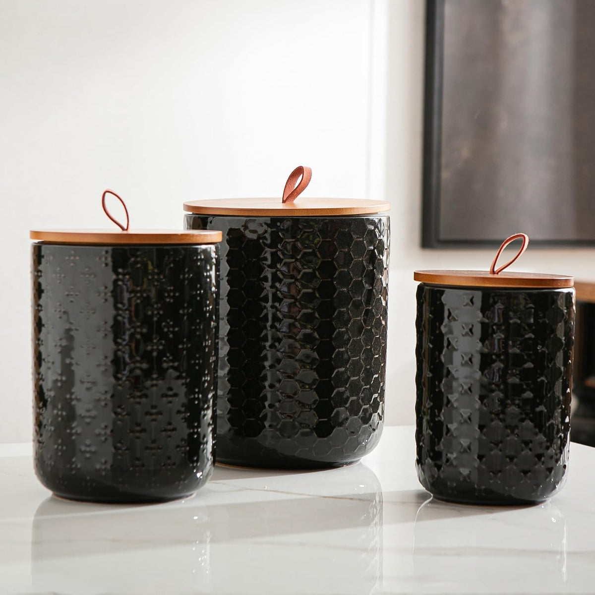 JOJUNO Black Embossed Ceramic Canister Set of 3 – Airtight Bamboo Lids, 30/48/82 oz