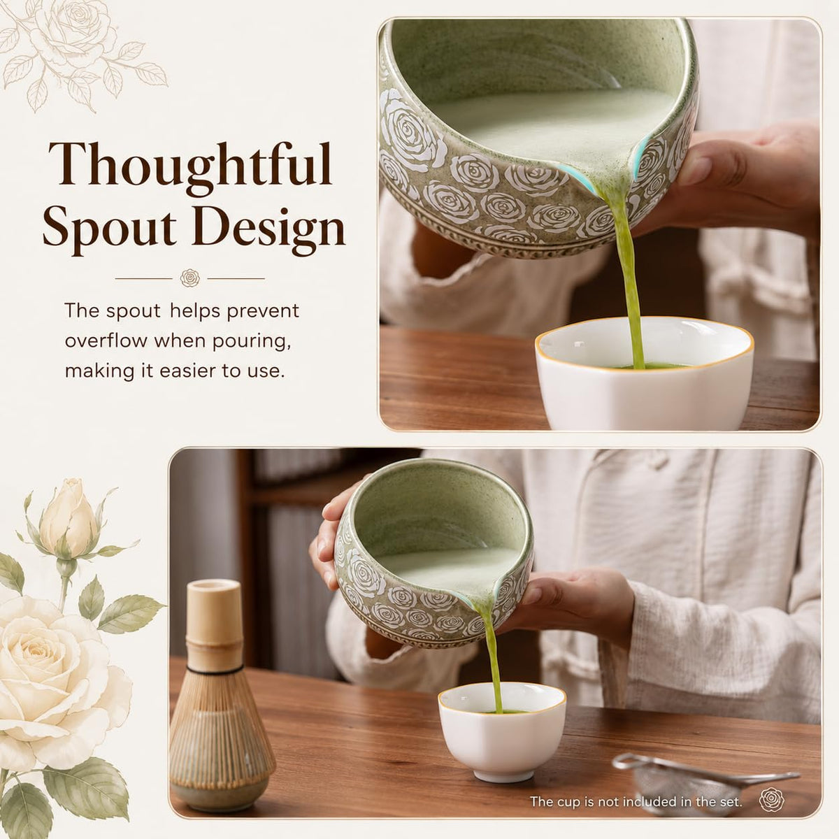 Buucup 7-Piece Green Ceramic Matcha Set – Bowl, Bamboo Whisk, Scoop, Holder, Rest, Sifter & Tea Towel